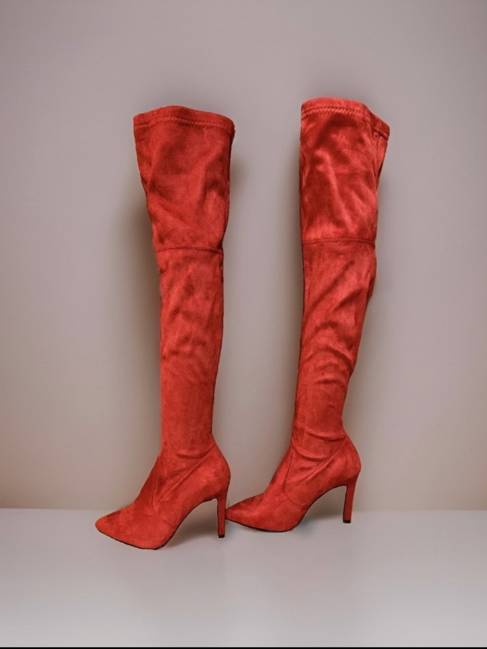 Red Over The Knee Stretch Suede Boots Pointed Toe Stiletto Heel 4” NWOT-Size 8